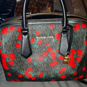 Michael Kors Hayes Large Duffle Black PVC Red Rose